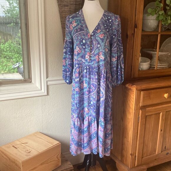 R. Vivimos Floral Paisley Print Flowly Boho V-Neck MIDI Dress Women’s 8/10 - Picture 3 of 15